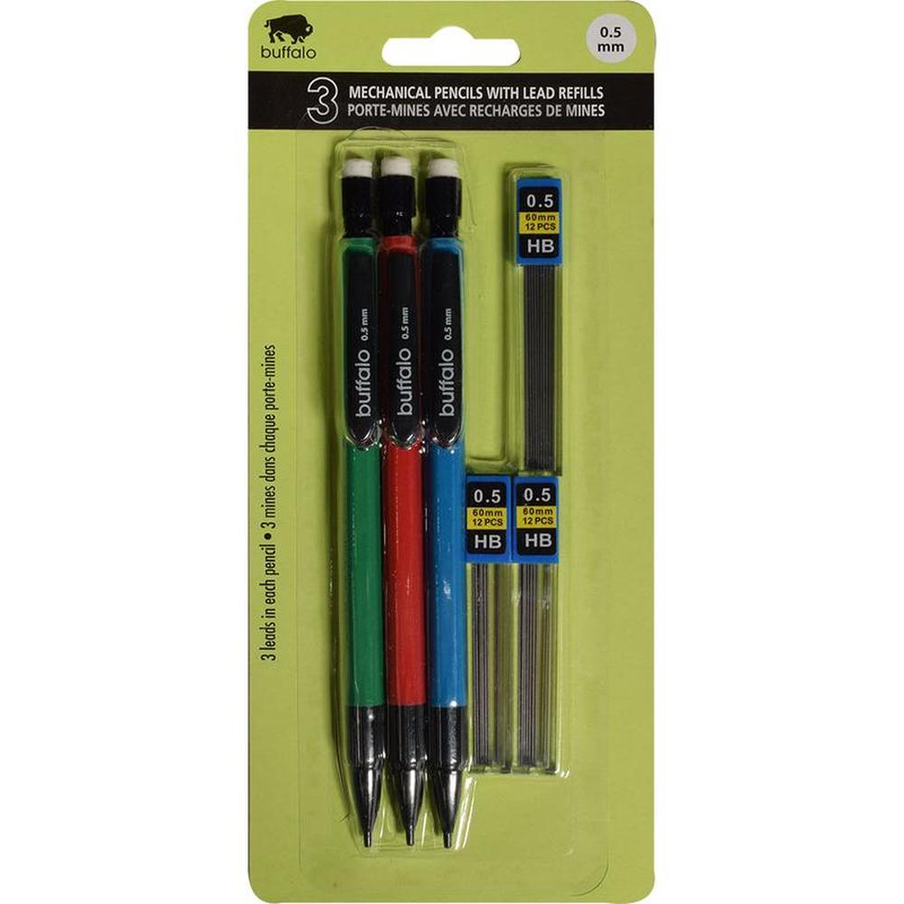 Buffalo Mechanical Pencils 0.5mm - Pack of 3 with Refills