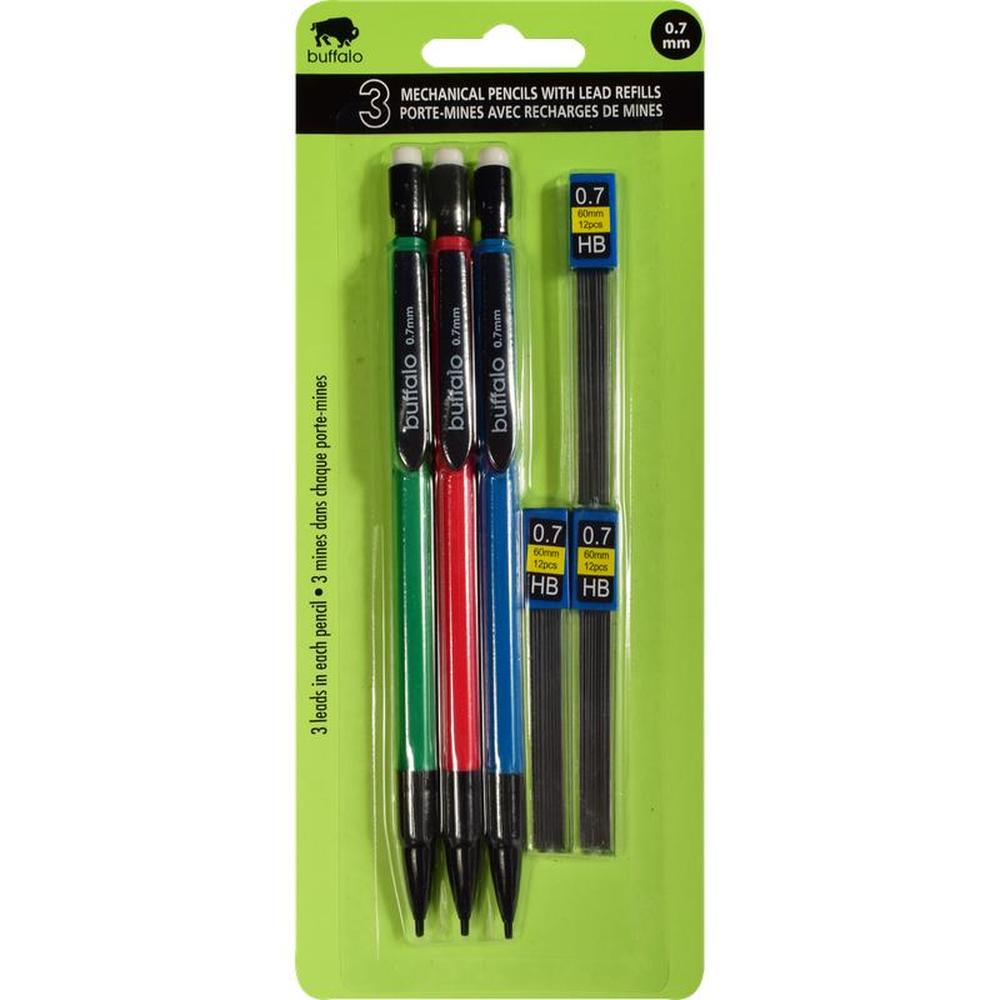 Buffalo Mechanical Pencils 0.7mm - Pack of 3 with Refills