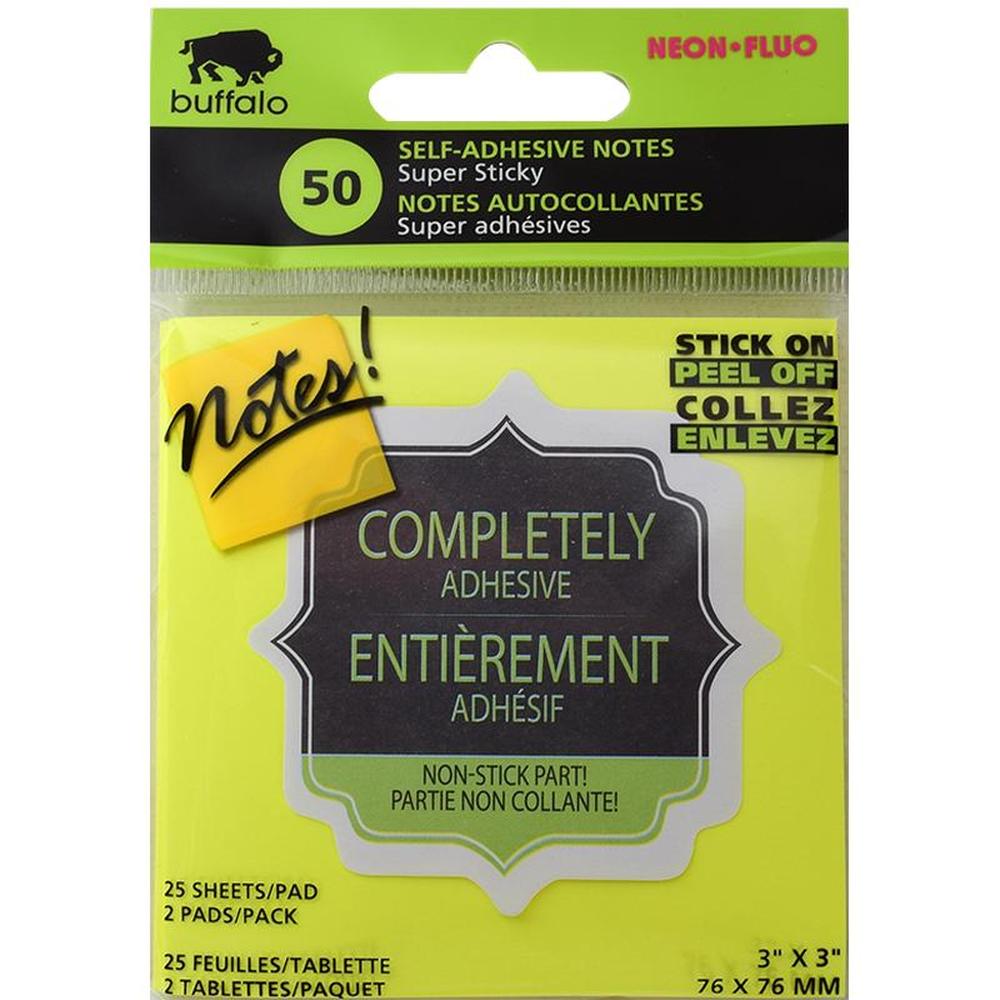 Buffalo Neon Yellow Sticky Notes 7.5x7.5cm - 2 Pads of 50 Sheets