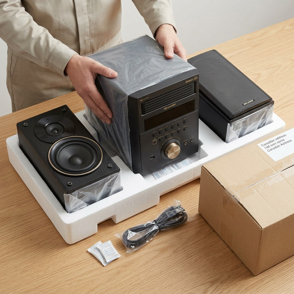 A SHARP micro system sits securely packed in protective foam and clear plastic wrap within an unboxing scene on a clean countertop.