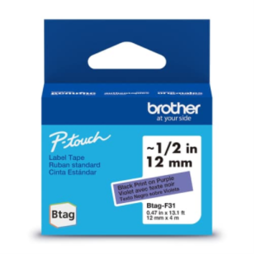 Ruban non laminé Brother d'origine BTAGF31 pour étiqueteuses P-touch, noir sur violet – 12 mm de large x 4 m de long