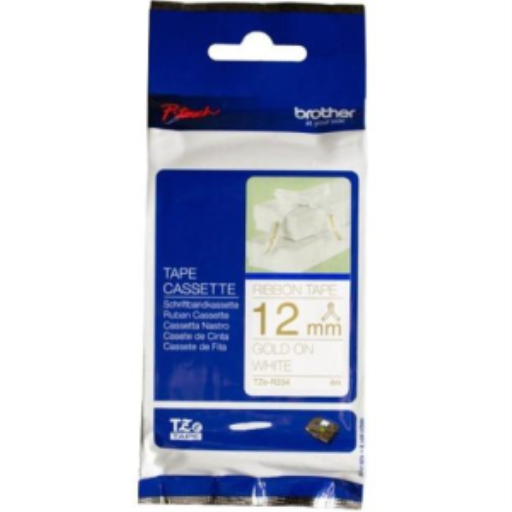 Ruban décoratif doré sur satin blanc Brother TZER234 d'origine pour étiqueteuses P-touch, 12 mm de large x 4 m de long