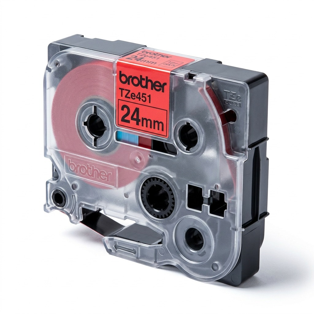 Brother TZe451 24mm Black on Red Laminated P-touch Label Tape for label makers on white background.