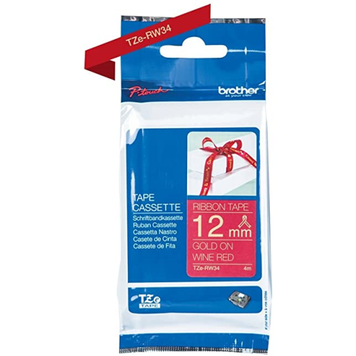 Ruban décoratif Brother d'origine TZERW34 or sur ruban satin rouge vin pour étiqueteuses P-touch, 12 mm de large x 4 m de long