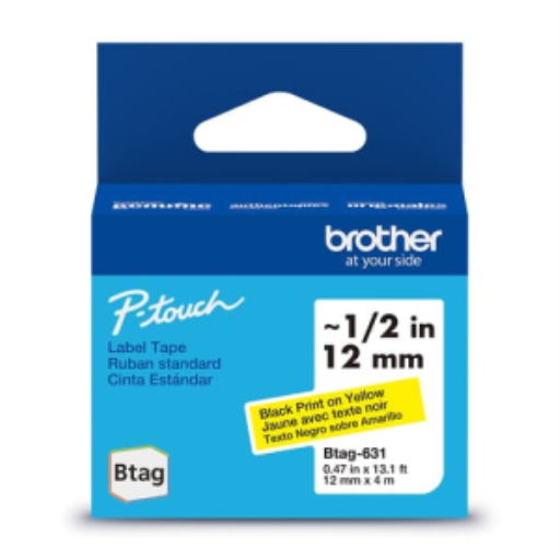 Ruban non laminé Brother d'origine BTAG631 pour étiqueteuses P-touch, noir sur jaune – 12 mm de large x 4 m de long