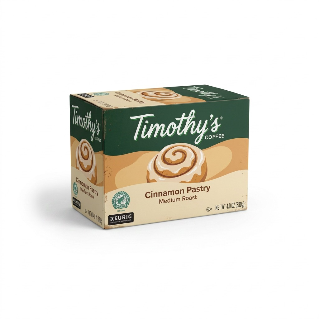 Timothy's Cinnamon Pastry Medium Roast Coffee K-Cup pod 24-count box featuring a cinnamon roll.