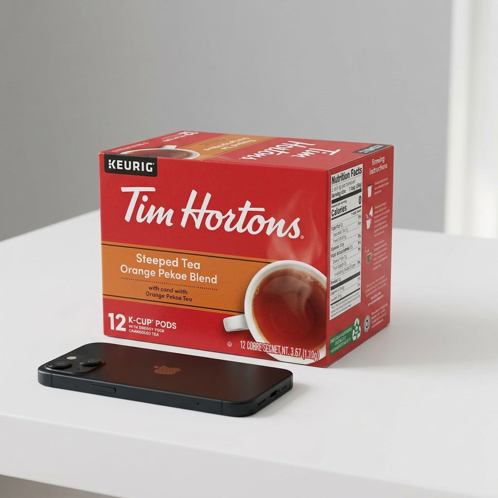 Tim Hortons Orange Pekoe Tea 12 K-Cup Pods box shown next to a smartphone for size reference.