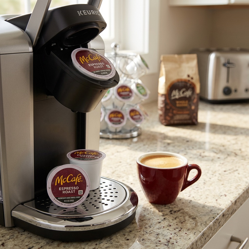 A McCafé Espresso Roast K-Cup pod being inserted into a Keurig machine next to a brewed cup.