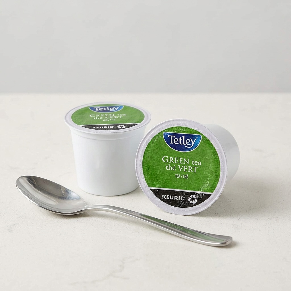 Two Tetley Green Tea K-Cup pods shown next to a standard metal teaspoon for scale reference.