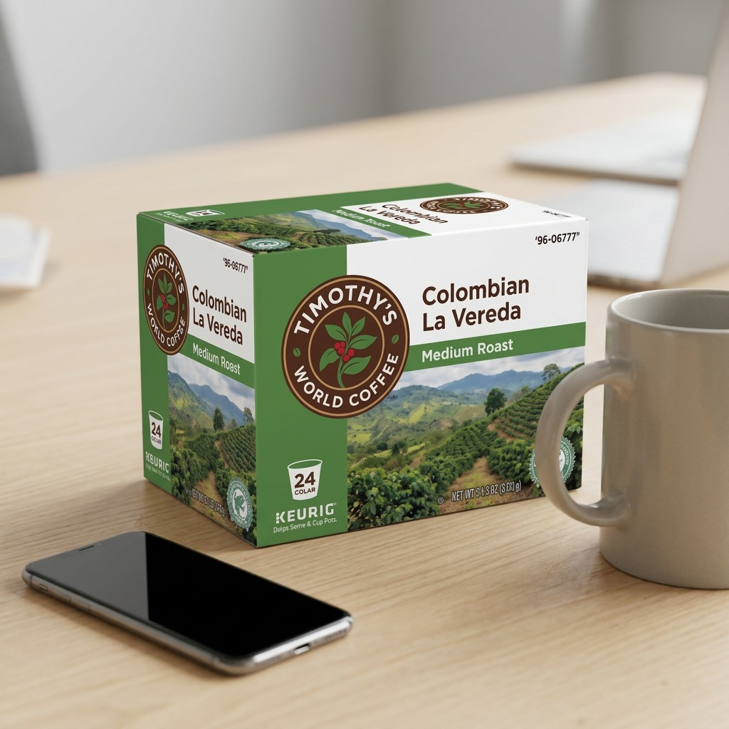 Timothy's Colombian La Vereda 24-count box on a desk beside a coffee mug and smartphone for scale.