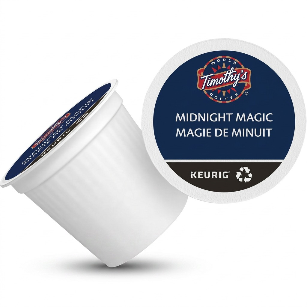 A Timothy's Midnight Magic Dark Roast Keurig K-Cup pod with recyclable lid on a white background.