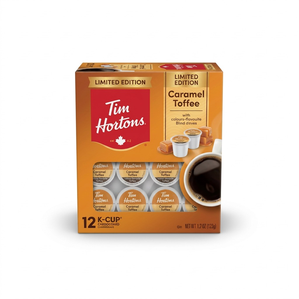 A 12-count box of Tim Hortons Caramel Toffee limited edition K-Cup coffee pods.