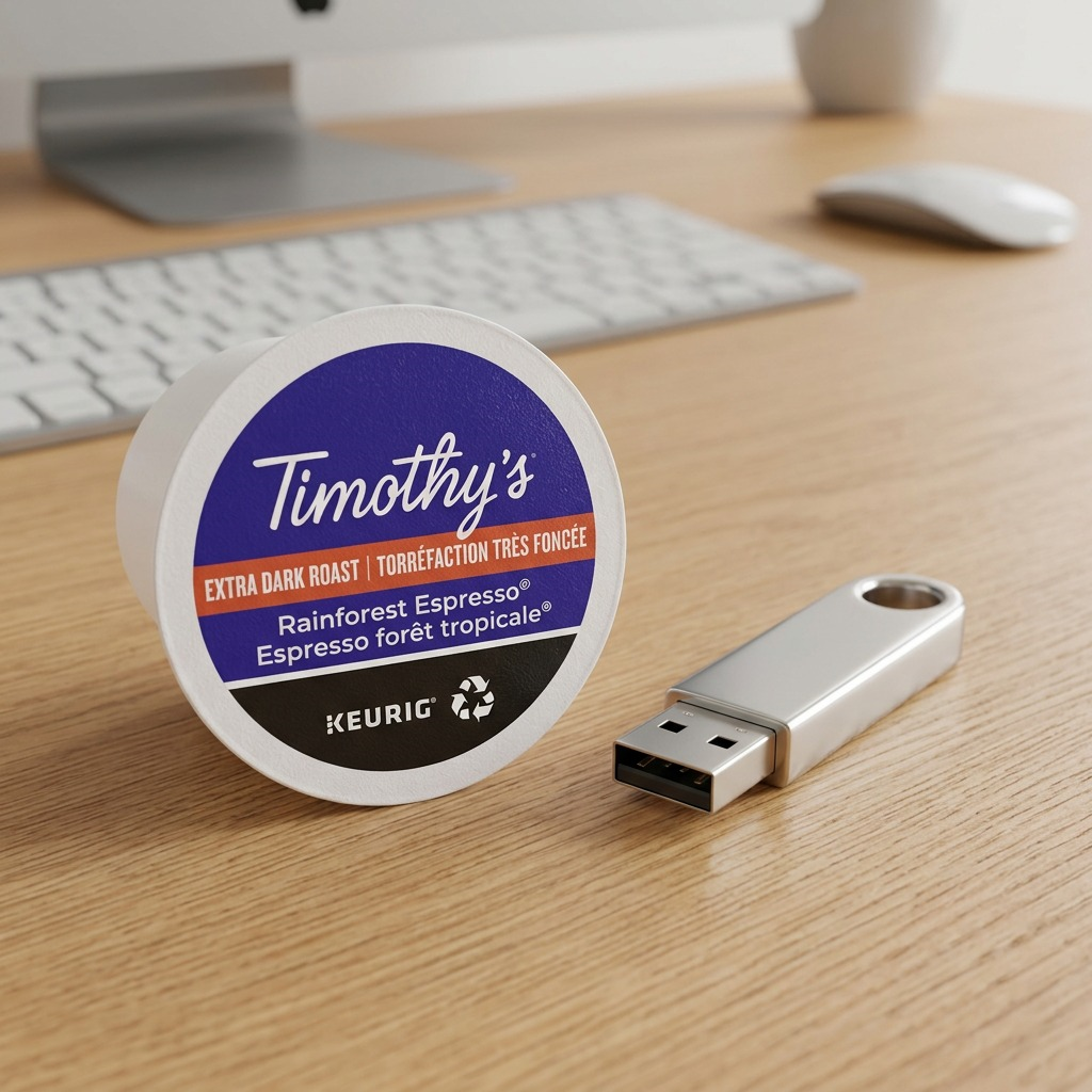 Timothy's Rainforest Espresso K-Cup shown beside a silver USB flash drive for scale on a wood desk.