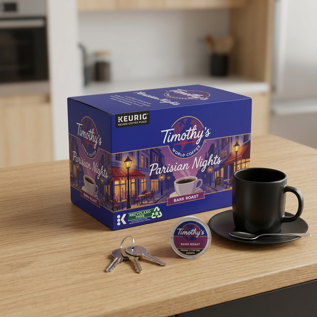 Timothy's Parisian Nights 24-count box and K-Cup pod on a kitchen counter next to a mug and keys.