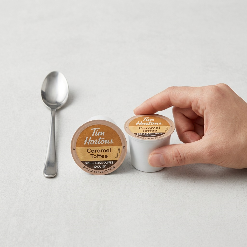 Scale reference of Tim Hortons Caramel Toffee K-Cup pods next to a metal spoon and held by a hand.