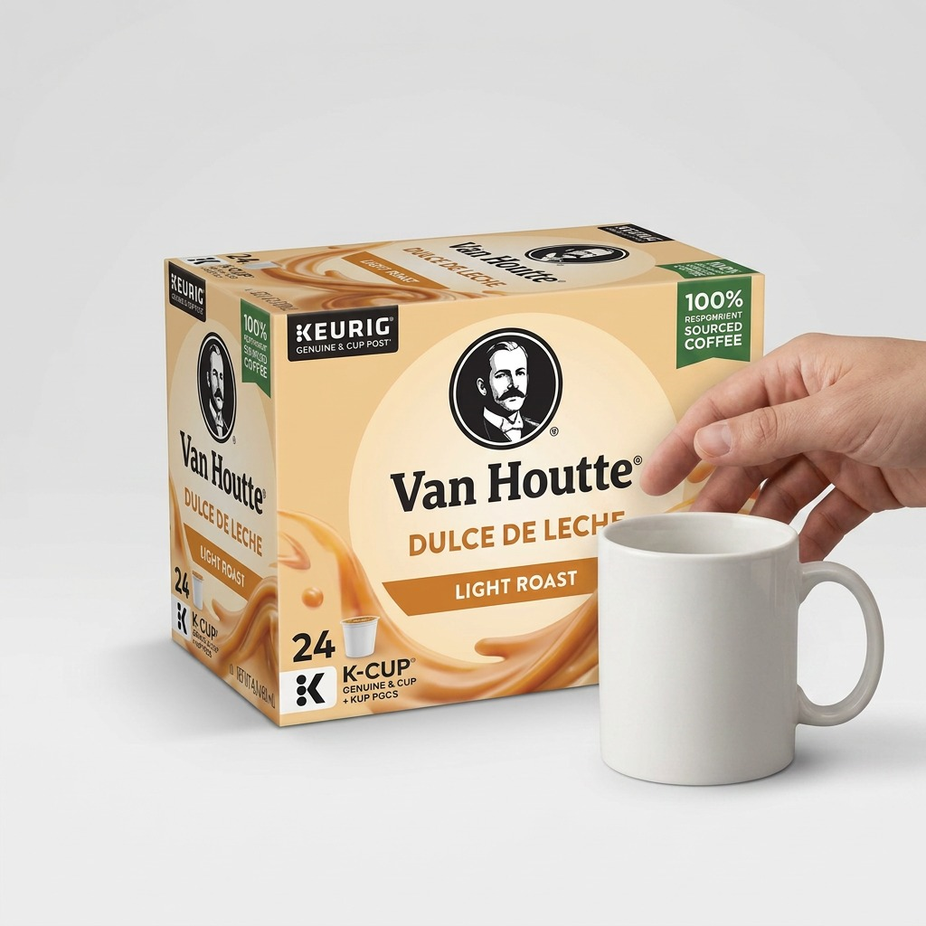 Van Houtte Dulce de Leche 24-count box shown beside a white coffee mug and a hand for scale.