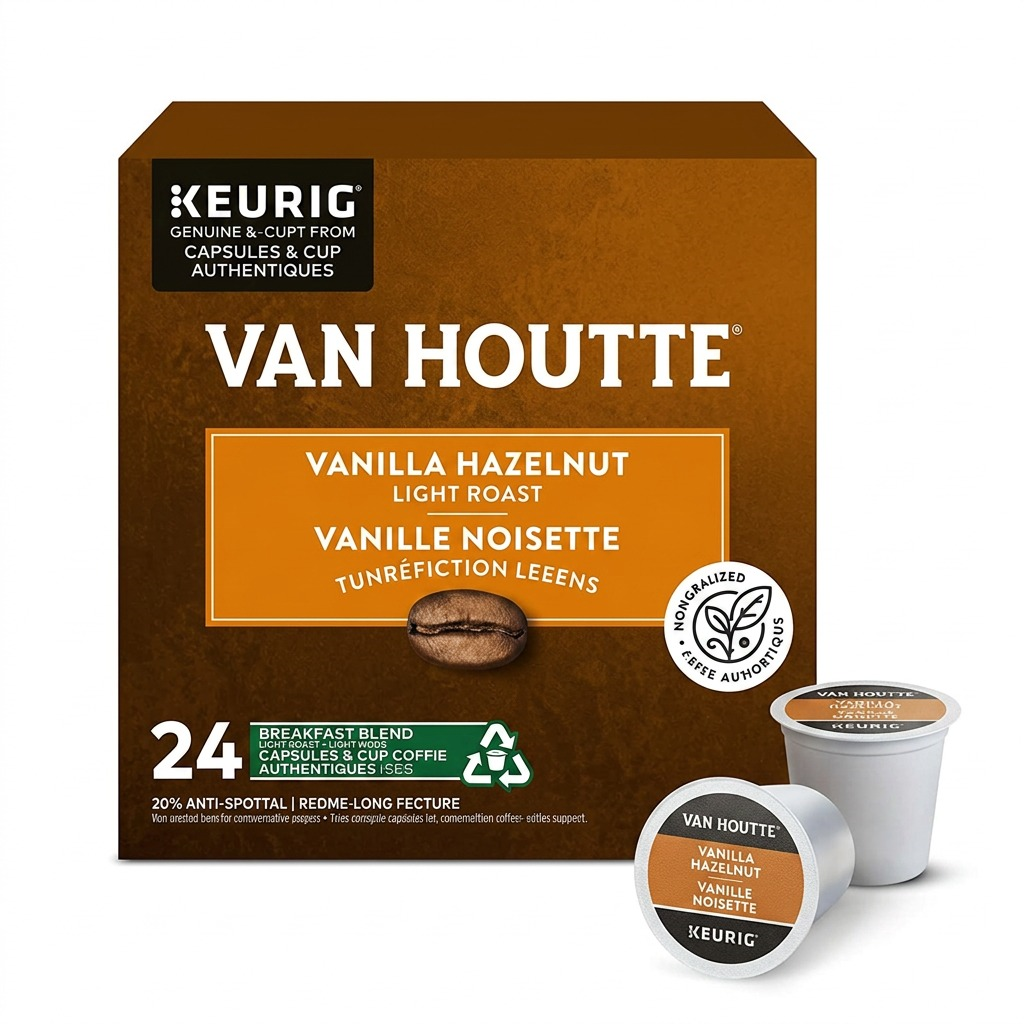 Van Houtte Vanilla Hazelnut Light Roast K-Cup coffee pods and 24-count box on a white background.