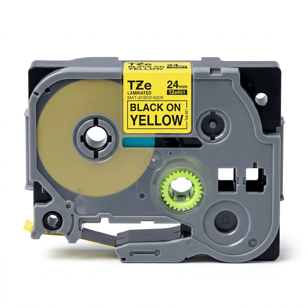 Brother Genuine TZe-651 24mm black on yellow laminated label tape cartridge on white background.