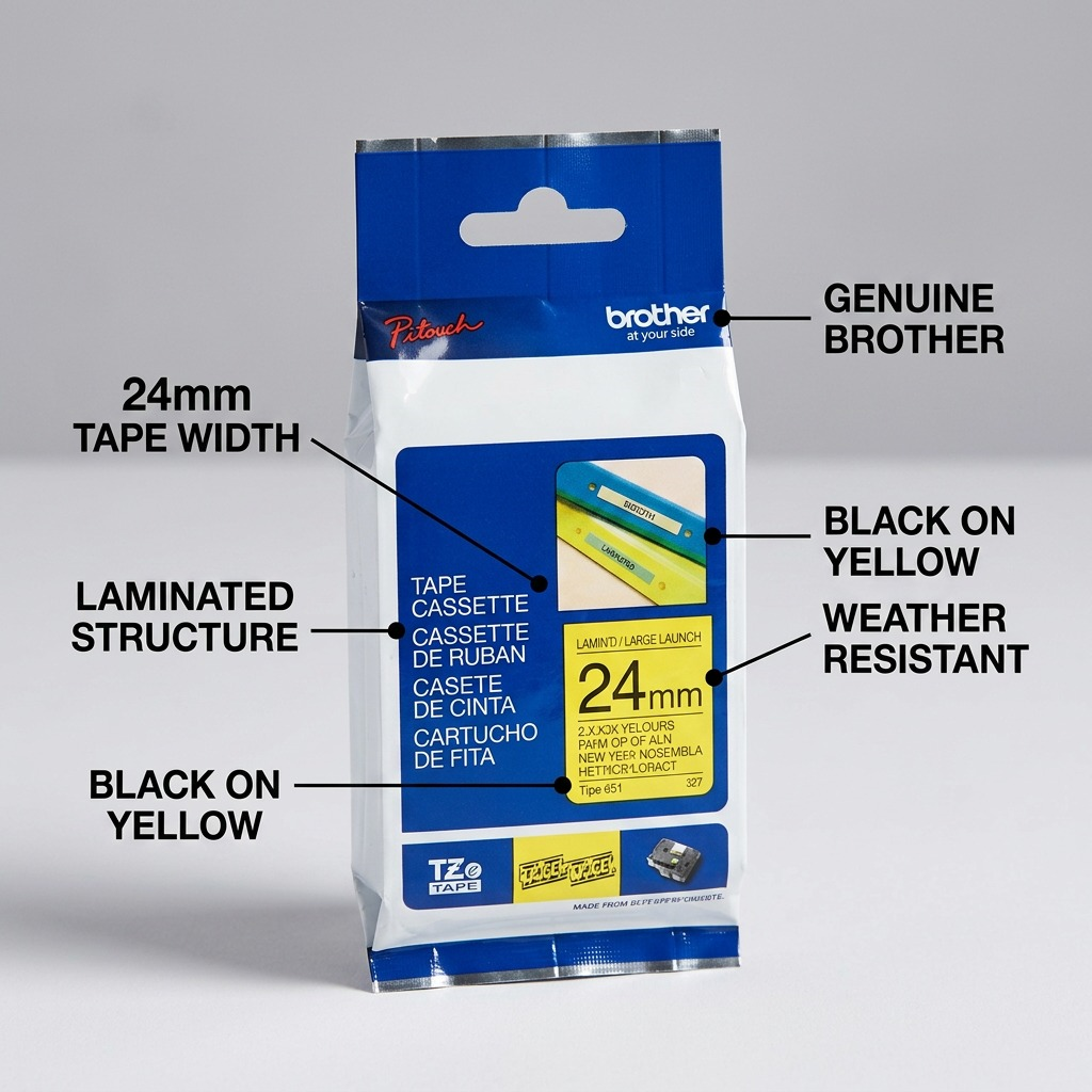 Brother Genuine TZe651 Black on Yellow Laminated Tape for P-touch Label Makers, 24 mm wide x 8 m long
