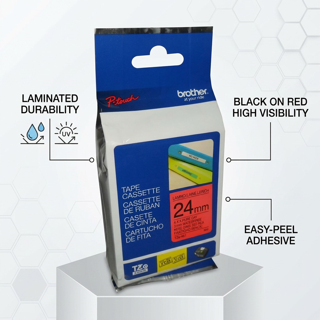 Brother Genuine TZe451 Black on Red Laminated Tape for P-touch Label Makers, 24 mm wide x 8 m long