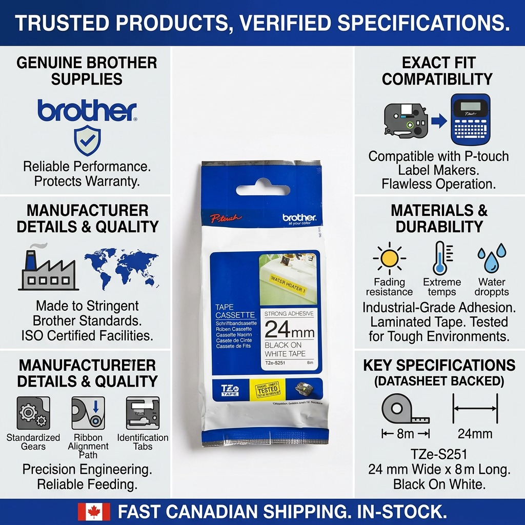 Brother Genuine TZe-S251 Black on White Extra Strength Adhesive Tape for P-touch Label Makers, 24 mm wide x 8 m long