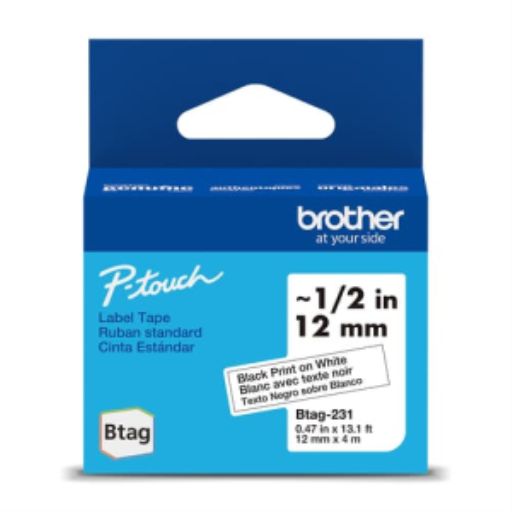 Ruban non laminé Brother d'origine BTAG231 pour étiqueteuses P-touch, noir sur blanc – 12 mm de large x 4 m de long