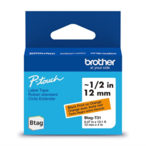 Ruban non laminé Brother d'origine BTAGT31 pour étiqueteuses P-touch, noir sur orange – 12 mm de large x 4 m de long