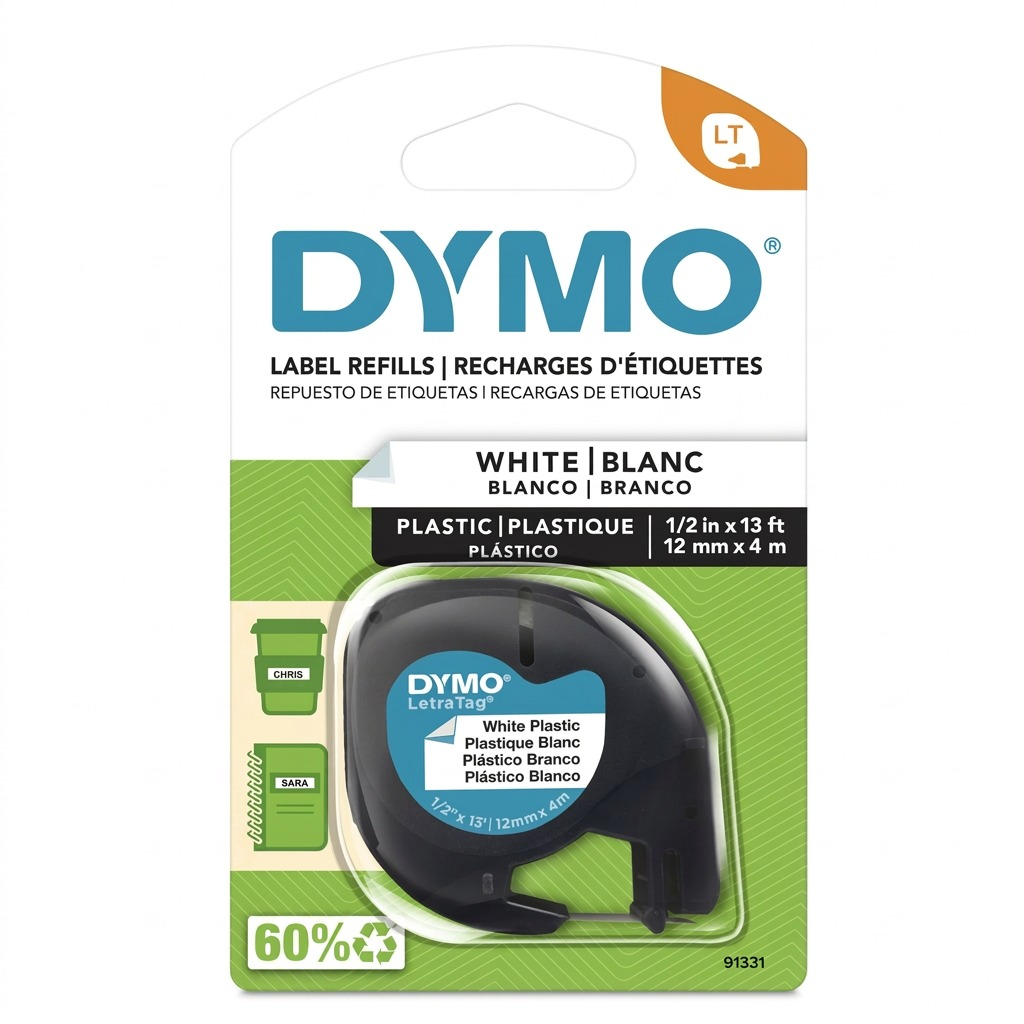 Dymo LetraTag Plastic Labels - Black on White, 1/2" x 13'