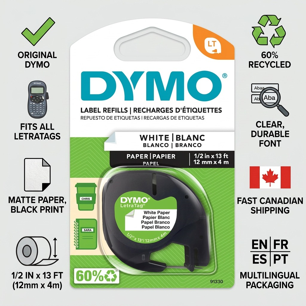 Dymo LetraTag Paper Labels - Black on White, 1/2" x 13'