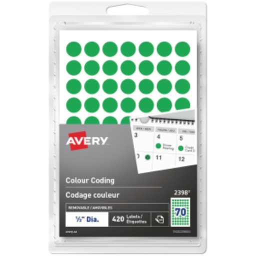 Avery Removable Colour Coding Labels Handwrite, ½", Green, Removable