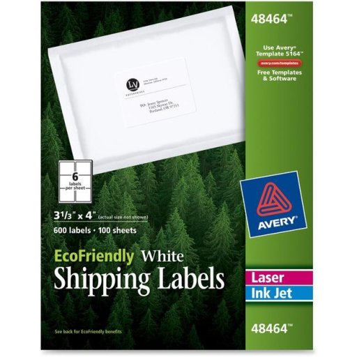 Avery Eco White Mailing Labels, Permanent, 3 1/3" x 4", 100 Sheets