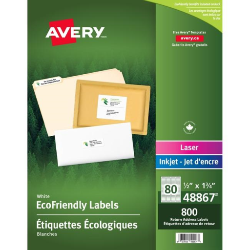 Avery Eco White Mailing Labels, Permanent, 1/2" x 1 3/4", 10 Sheets