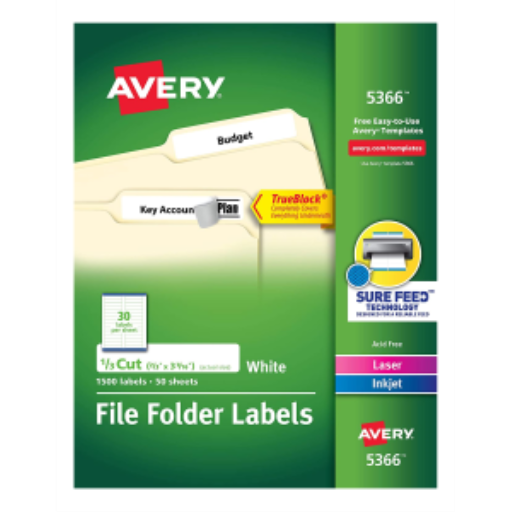 Avery Filing Labels, TrueBlock, 3 7/16" x 2/3", Permanent, White