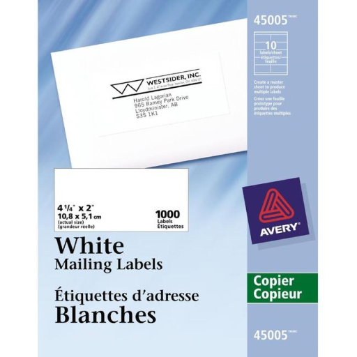 Avery Copier Labels, 4 1/4" x 2", Permanent, White, 100 Sheets