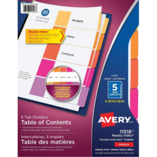 Avery Ready Index Table of Contents Dividers, 5 Tab, 6 Sets