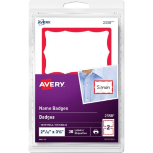 Avery Print or Write Name Badges 2-11/32" x 3 3/8", White Paper with Red Border, 30/pack