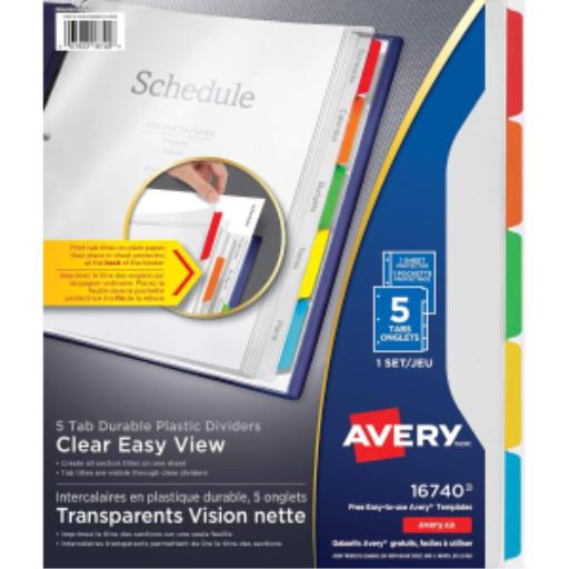 Avery Clear Easy View Dividers, 5 Tab, Multi-Colour Tabs