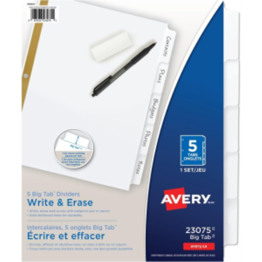 Avery Write-On Dividers, 5 Tab, 1 Set, White, Big Tab