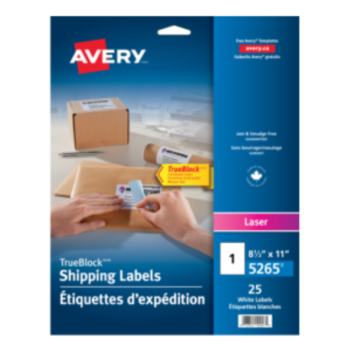 Avery White TrueBlock Labels, 8 1/2" x 11", Permanent, 25 Sheets/Envelope