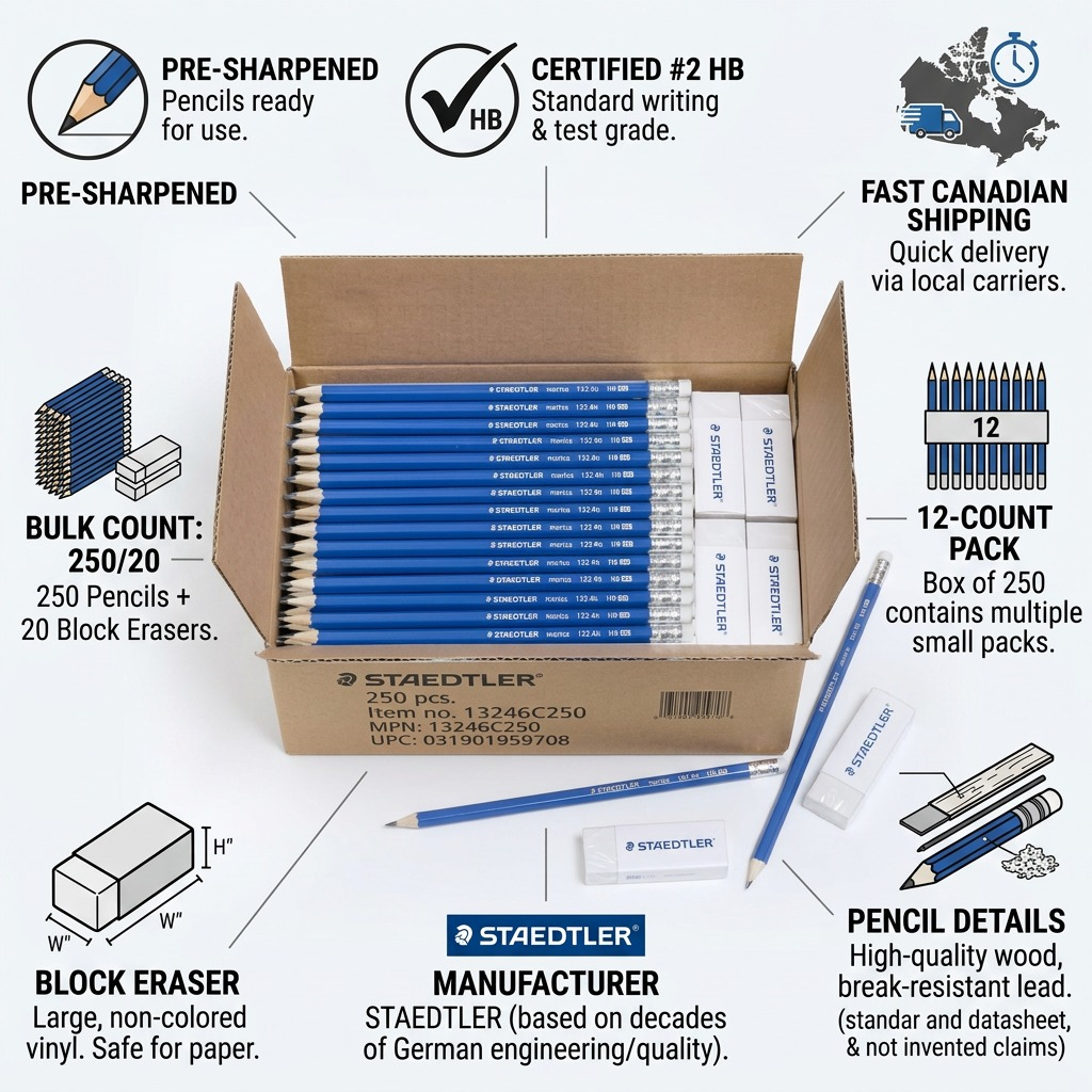 Staedtler Pre-Sharpened Wooden #2 Pencil with Block Erasers - Set of 250 Pencils, 20 Erasers