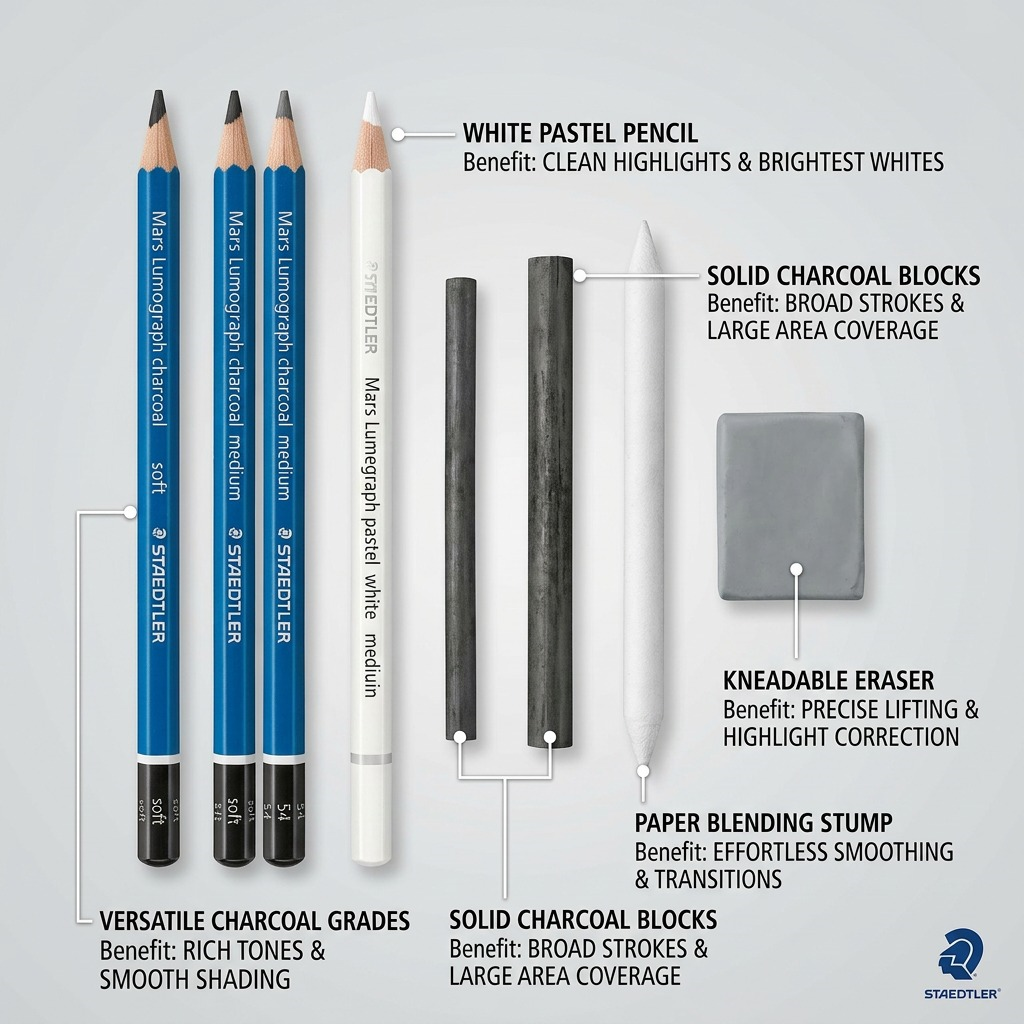 Staedtler Mars Lumograph Charcoal Drawing Set - 7-Piece Professional Sketching Kit with Pencils, Charcoal Sticks & Blending Stump