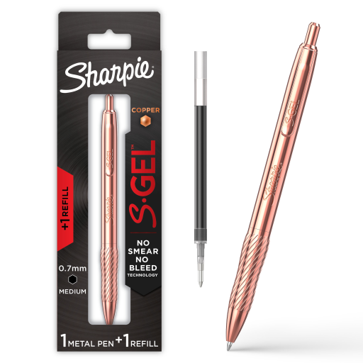 Sharpie S-Gel, Gel Pen, Copper Metal Body, Medium Point (0.7 mm), Black Ink, Includes 1 Pen and 1 Additional Ink Refill