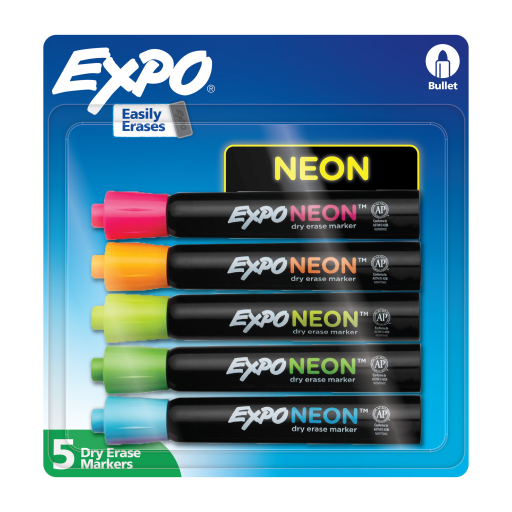 Marqueurs effaçables à sec néon Expo - Pointe biseautée, couleurs assorties, paquet de 5