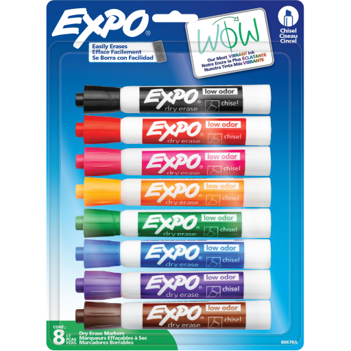 Marqueurs effaçables à sec Expo à faible odeur - Pointe biseautée, couleurs assorties, paquet de 8