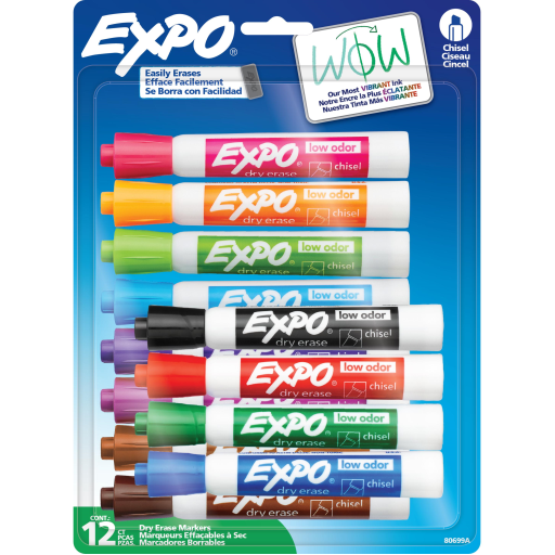Marqueurs effaçables à sec Expo à faible odeur - Pointe biseautée, couleurs assorties, paquet de 12