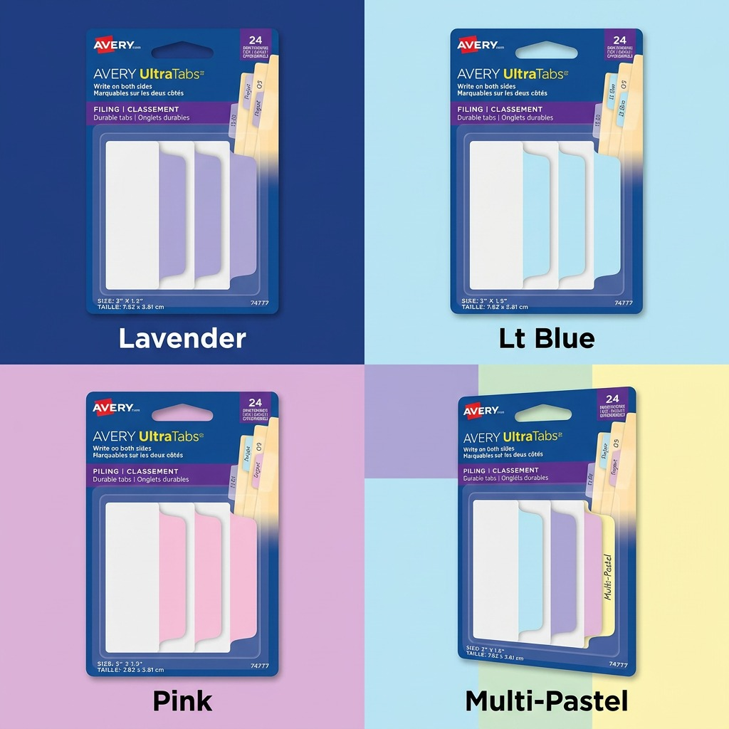 Avery UltraTabs Filing Tabs, Pastel Colours, Lavender, Light Blue, Pink, 24 pack
