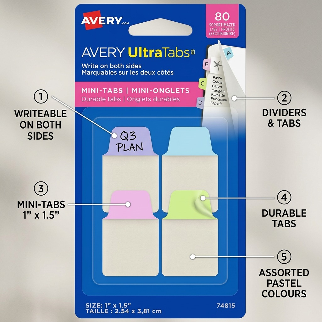 Avery Mini Tabs 1 x 1.5, Pastel Colours, Lavender, Light Blue, Light Green, Pink, 80 pack