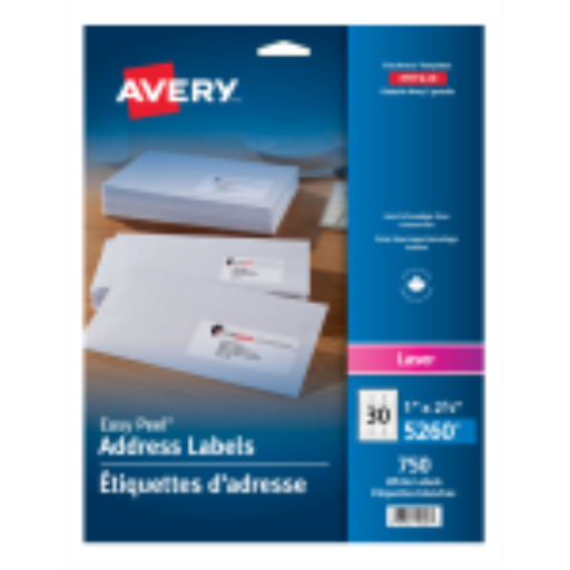 Étiquettes Avery White Easy Peel, 2 5/8" x 1", Permanent, 25 feuilles/enveloppe