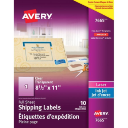 Étiquettes transparentes Avery, 8 1/2" x 11", permanent, 10 feuilles/enveloppe, 10 étiquettes