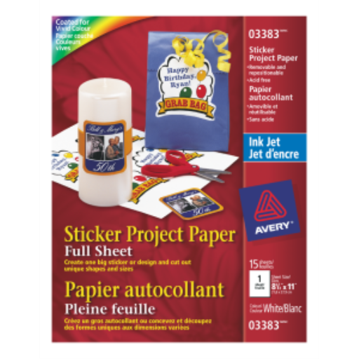 Papier autocollant Avery pour projet, amovible, 8 1/2" x 11", 15 feuilles